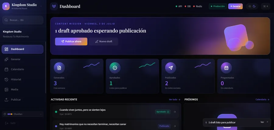 Kingdom Studio — Plataforma SaaS full-stack de automatización editorial con IA